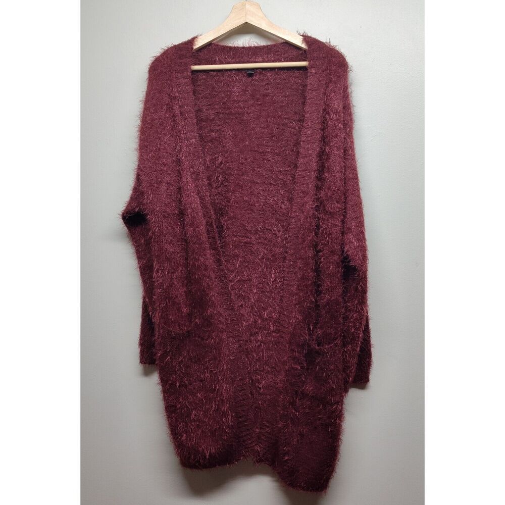 Love Tree Cardigan Sweater Women Size L Maroon Faux Mohair Open Pockets Comfy
